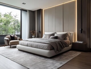 Fototapeta premium Modern bedroom with luxurious decor and cozy ambiance