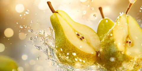 Golden and Green Ripe Pears in Stunning Macro Photography with Water Droplets and Natural Light Enhancing Their Freshness
