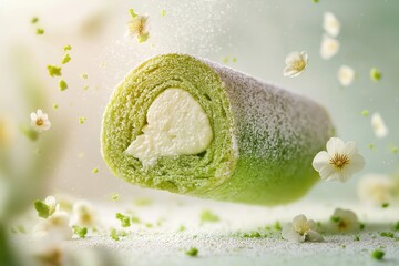 Delicious Matcha Roll Cake: A Festive Japanese Pastry with Creamy Filling and Edible Flowers &ndash; Perfect for Dessert Presentation and Tea Time