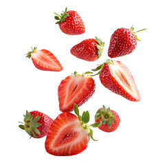 Cut strawberries levitation isolated on a transparent background
