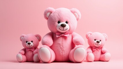 Obraz premium Three rose teddy bears of varying sizes sit against a pink background, each wearing a pink bow tie.