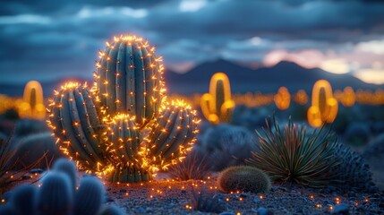 Obraz premium Illuminated Cactus Desert Sunset