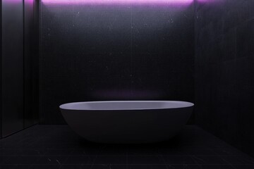 Modern dark bathroom, purple light, bathtub, relaxation, design