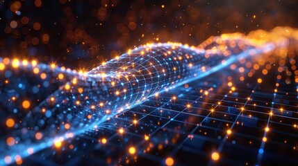 Abstract digital wave, glowing points, network grid, bokeh background