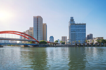 Naklejka premium The urban architectural skyline, modern bridges, and Haihe River scenery of Tianjin, China on August 11, 2024