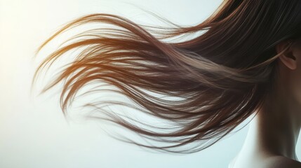 Beautiful model girl with Brown hair strand,silky healthy chestnut wavy hair strand,hair wavy ribbon, with smooth,Keratin straightening,Treatment,straight long hair,procedures,Smooth hairstyle.