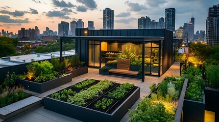 Fototapeta premium Rooftop Garden with Raised Beds and City View at Dusk