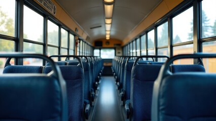 Fototapeta premium The interior of a school bus showing rows of empty blue seats and windows on both sides.
