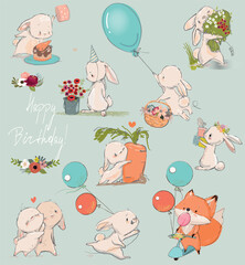 Cute Birthday cartoon hares set with elements