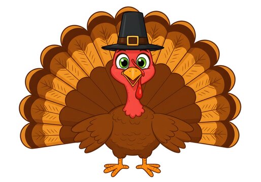 Happy Thanksgiving Turkey Cartoon Illustration Festive Bird Wearing Pilgrim Hat Autumn Holiday Character Design