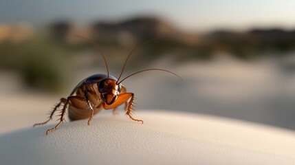 Close-up of a Cockroach on Sand Dune, Desert Background