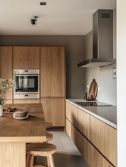 Modern Kitchen Displays Wooden Cabinets and Open Island Design