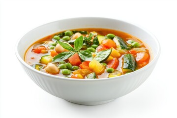 Vibrant vegetable soup in white bowl close up shot healthy and tasty vegan cuisine against white background