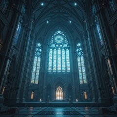 Majestic Gothic Cathedral Interior with Stained Glass Windows and Stone Architecture