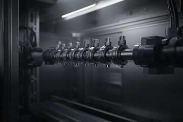 Metalwork Automation Components in Dark Industrial Setting Detailed Engineering Precision and Design