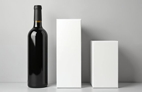 Mockup of blank white rectangular boxes and wine bottle. Paperboard containers for branding presentation. Product packaging template. Clean empty carton box, bottle for winery cellar or shop showcase.