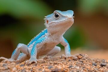 Close-up of a vibrant blue lizard perched on textured ground with blurred greenery in the background