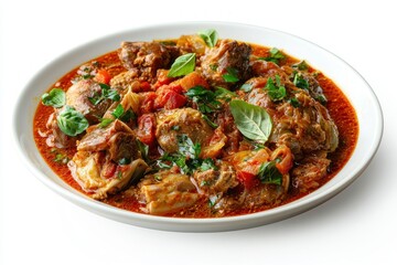 Hearty rustic braised lamb shank with tomato sauce and basil leaf garnish in deep bowl tasty and savory traditional dinner