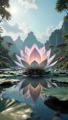Tableau sur plexiglas Salle de bain Serene Pink Lotus Flower Blooming in a Tranquil Pond Surrounded by Lush Tropical Foliage and Mountains  © Ai DreamscapesTH