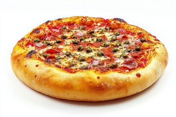 Delicious baked pizza with pepperoni and olives at perfect angle tasty homemade pizza italian flavor