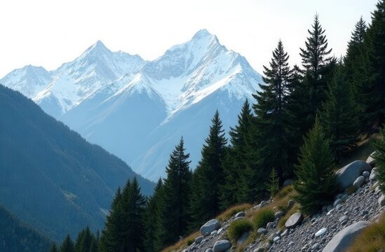 Majestic snow-capped mountains and evergreen forest landscape