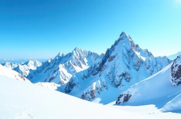 Majestic snow-covered mountain peaks under clear blue sky
