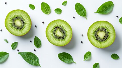 Fototapeta premium Freshly Cut Kiwi Halves on White Background - Vibrant and Healthy Fruit