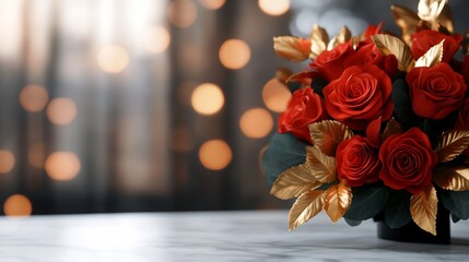 Obraz premium Elegant Red Roses with Gold Accents: A Luxurious Floral Arrangement