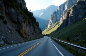Scenic mountain road with sunlight and cliffs in serene valley landscape