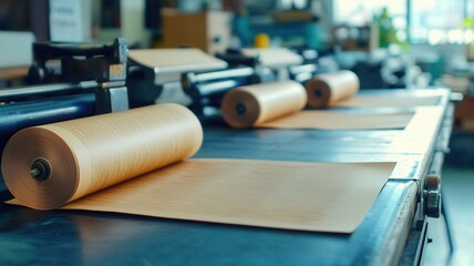 White rolls of material are moving along a conveyor belt in a factory, ready for the next stage of production