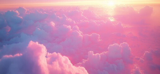 Stunning Airplane Window View – Fluffy White Clouds, Radiant Sunrise or Sunset, and Airplane Wing Soaring Towards the Horizon, Evoking a Sense of Freedom and Adventure