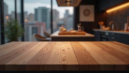 Empty light brown wooden table foreground with blurred modern black kitchen background. Tabletop, counter, desk, chopping board for food presentation, product display. Cozy interior, template with