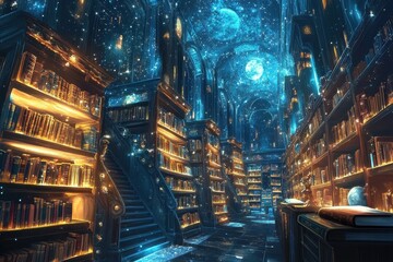 An enchanting library scene filled with starlight and magic
