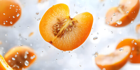 Fresh and Ripe Yellow Plum Slice Suspended in a Refreshing Water Splash, Capturing Its Natural Sweetness and Vibrant Golden Color

