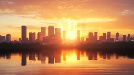 Fototapeta premium City Skyline Sunset Golden Hour Reflection