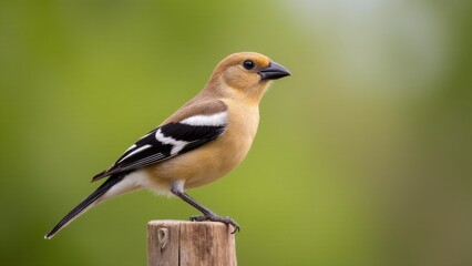 Fototapeta premium A spice finch bird perched on a wooden post with a blurred green background.