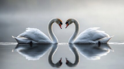 Obraz premium Romantic Encounter of Two Elegant Swans Forming a Heart Shape on Calm Water