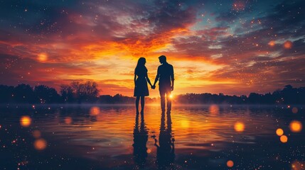 Fototapeta premium Romantic Sunset Silhouette of a Couple Holding Hands by a Tranquil Lake