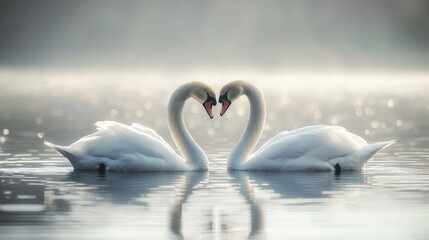 Romantic Encounter of Two Elegant Swans Forming a Heart Shape on Calm Water