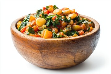 Rustic wooden bowl filled with delectable vegetable stew showcasing vibrant colors and wholesome ingredients