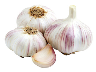 Obraz premium Fresh garlic bulbs, close-up, isolated on background, healthy food ingredient