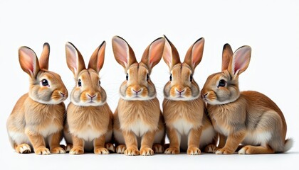 Fototapeta premium Five Cute Brown Baby Rabbits Sitting on White Background