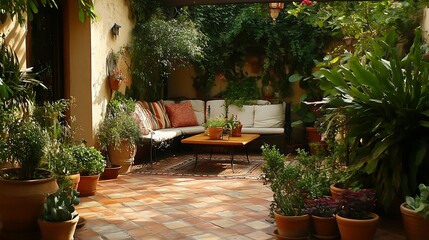 Naklejka premium Relaxing Outdoor Patio with Potted Plants and Cozy Seating Area