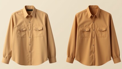 Two tan shirts with buttoned pockets and collars displayed side by side.