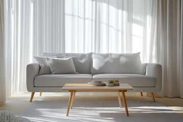 A Scandinavian-style living room with a light gray sofa, a wooden coffee table