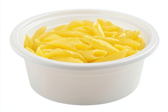 Creamy cheddar penne pasta in a round white plastic bowl against a bright white background classic Italian dish