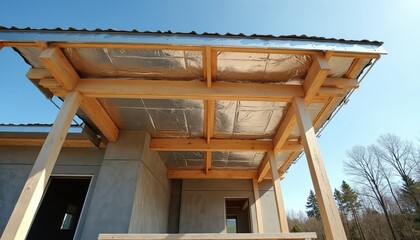 Steel roof structure with foil insulation sheet installed. It reflects heat radiation and shields house from overheating. Home under construction with wooden frame and blue sky.