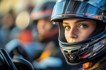 Young woman in helmet, side glance
