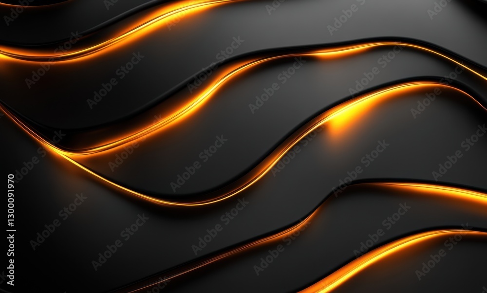 Poster abstract dark background with wavy lines of glowing orange light creating dynamic patterns and fluid