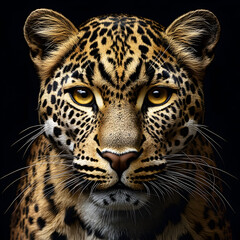 A symmetrical portrait of a leopard with piercing golden eyes and stunning fur patterns.